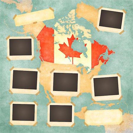 Vintage photo frames on the background with the vintage map of Canada. On the map is Canadian flag painted in the country borders. Stock Photo - Budget Royalty-Free & Subscription, Code: 400-06954555