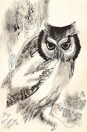 freehand - owl dry brush drawing sketch Stock Photo - Budget Royalty-Free & Subscription, Code: 400-06954660