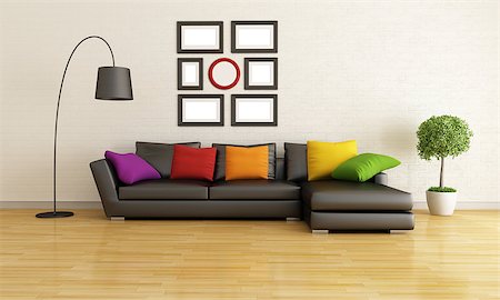 room interior multi colors - Modern living room with black sofa and colorful cushion - rendering Stock Photo - Budget Royalty-Free & Subscription, Code: 400-06954678