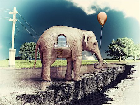 simsearch:400-04684316,k - elephant as a house on the cracked road  concept ( photo and hand-drawing elements combined). Photographie de stock - Aubaine LD & Abonnement, Code: 400-06954727