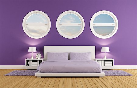 Purple bedroom with modern double bed and three round windows - rendering Stock Photo - Budget Royalty-Free & Subscription, Code: 400-06950399