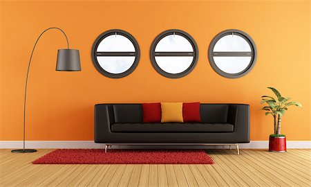 Modern living room with black couch and round windows - rendering Stock Photo - Budget Royalty-Free & Subscription, Code: 400-06950400
