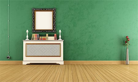 radiator grille - Green vintage living room with cover radiator - rendering Foto de stock - Super Valor sin royalties y Suscripción, Código: 400-06950403