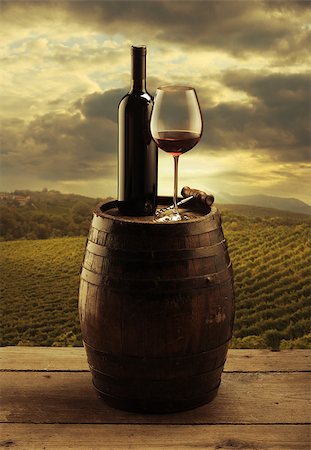 simsearch:400-07829164,k - red wine bottle and wine glass on wooden barrel Stock Photo - Budget Royalty-Free & Subscription, Code: 400-06950615