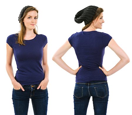 Photo of a young adult female with long hair posing with a blank purple shirt and beanie.  Front and back views ready for your artwork or designs. Stock Photo - Budget Royalty-Free & Subscription, Code: 400-06951107