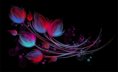 simsearch:400-07262232,k - Drawn composition of neon bright bouquet. Flower fantasy on black background. Stock Photo - Budget Royalty-Free & Subscription, Code: 400-06951387