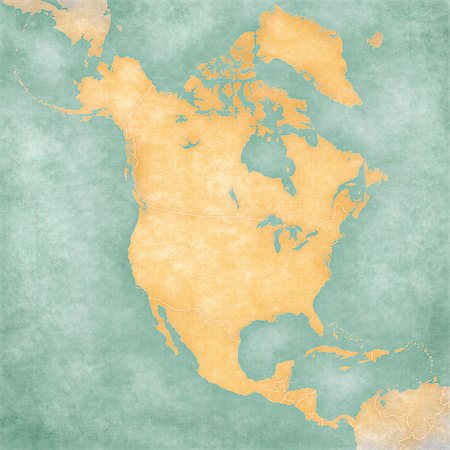 Blank outline map of North America. The Map is in vintage summer style and sunny mood. The map has a soft grunge and vintage atmosphere, which acts as a painted watercolors. Stock Photo - Budget Royalty-Free & Subscription, Code: 400-06952177