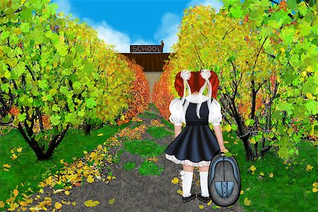 Beautiful autumn alley. Rural School and schoolgirl. Digital art drawing. Stock Photo - Budget Royalty-Free & Subscription, Code: 400-06952436