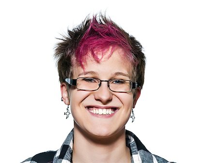 Close-up portrait of cool young expressive woman smiling in studio on white isolated background Stock Photo - Budget Royalty-Free & Subscription, Code: 400-06952646