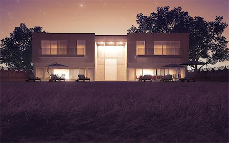 sunroom - Modern villa with big meadow night view Photographie de stock - Aubaine LD & Abonnement, Code: 400-06952777