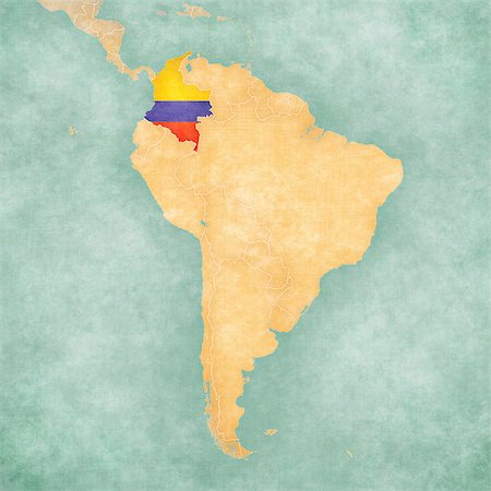 simsearch:400-08050839,k - Colombia (Colombian flag) on the map of South America. The Map is in vintage summer style and sunny mood. The map has a soft grunge and vintage atmosphere, which acts as a watercolor painting. Stock Photo - Budget Royalty-Free & Subscription, Code: 400-06952858