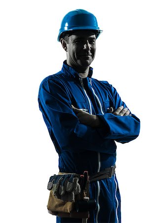 silhouette as carpenter - one caucasian man construction worker smiling friendly  silhouette portrait in studio on white background Stock Photo - Budget Royalty-Free & Subscription, Code: 400-06953425