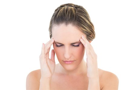 simsearch:400-06960125,k - Portrait of woman with hands on head against white background Photographie de stock - Aubaine LD & Abonnement, Code: 400-06960044