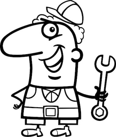 simsearch:400-07049289,k - Black and White Cartoon Illustration of Funny Manual Worker with Wrench Profession Occupation Coloring Page Foto de stock - Royalty-Free Super Valor e Assinatura, Número: 400-07034057