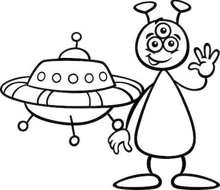 simsearch:400-07034082,k - Black and White Cartoon Illustration of Funny Alien or Martian Comic Character with Ufo or Spaceship for Coloring Book Fotografie stock - Microstock e Abbonamento, Codice: 400-07034082