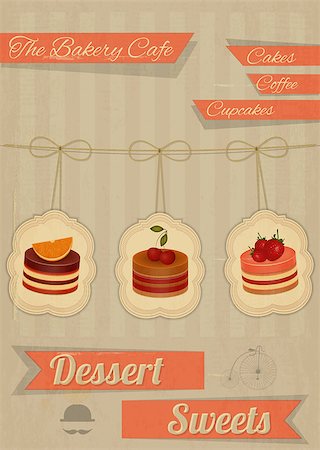 simsearch:400-06104035,k - Retro Menu for the Cafe, Pastry Shop, Confectionery - Strawberry, chocolate and cherry Cake  - vector illustration Photographie de stock - Aubaine LD & Abonnement, Code: 400-07034189