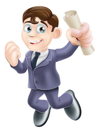 people graduation jump - Cartoon businessman with certificate, qualification or other scroll jumping for joy with fist clenched. Education concept for learning, training or passing a professional examination especially career development. Stock Photo - Budget Royalty-Free & Subscription, Code: 400-07034183