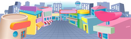 simsearch:400-07049186,k - A colourful cartoon street of shops with blank signs Foto de stock - Royalty-Free Super Valor e Assinatura, Número: 400-07034404