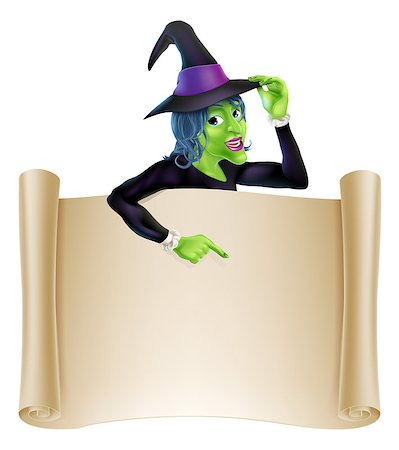 An illustration of a cartoon witch character pointing at a scroll sign. Perfect for your Halloween sign or message Stock Photo - Budget Royalty-Free & Subscription, Code: 400-07034403