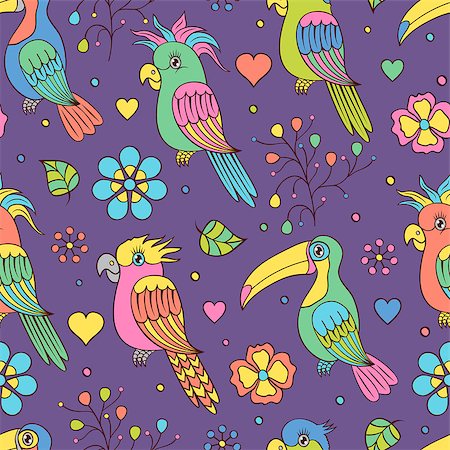 Vector illustration of seamless pattern witn tropical birds - toucans and parrots Photographie de stock - Aubaine LD & Abonnement, Code: 400-07034636