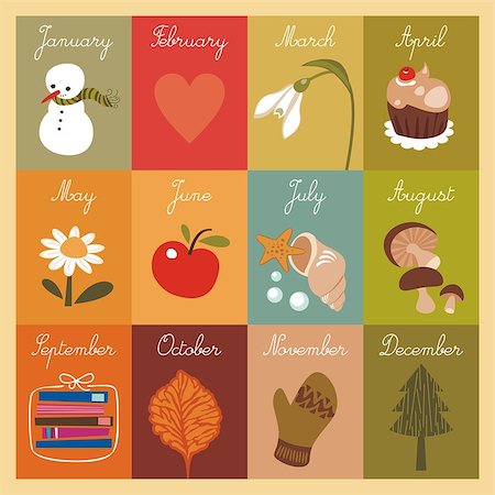 Children's calendar with illustrated cards representing symbolic elements for months and seasons. Foto de stock - Super Valor sin royalties y Suscripción, Código: 400-07034656