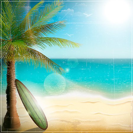 sea postcards vector - Ocean beach with surf board eps10 vector illustration Stock Photo - Budget Royalty-Free & Subscription, Code: 400-07034962