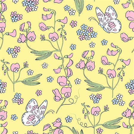 simsearch:400-07062285,k - Vector illustration of seamless pattern with flowers and butterflies.Floral background Foto de stock - Royalty-Free Super Valor e Assinatura, Número: 400-07035448