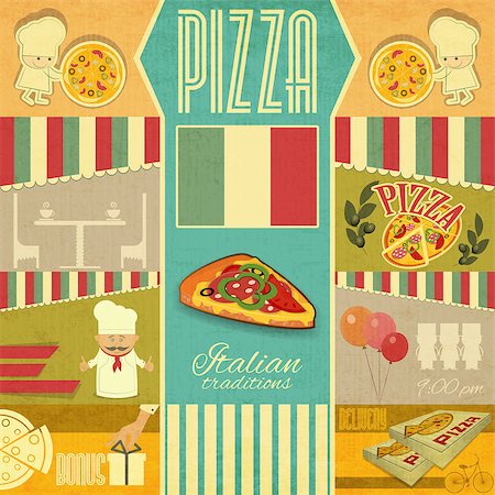 Vintage card Menu for Pizzeria. Set of Pizza Cards in Retro Style. Vector Illustration. Stock Photo - Budget Royalty-Free & Subscription, Code: 400-07035696