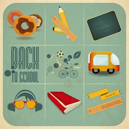 simsearch:400-07296734,k - Retro Card -  Back to School Design - School Board, Sport Icons and School Supplies on Blue  Background - Vector Illustration Stock Photo - Budget Royalty-Free & Subscription, Code: 400-07036275