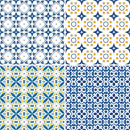 Set of four seamless pattern illustrations in blue and orange - like Portuguese tiles Photographie de stock - Aubaine LD & Abonnement, Code: 400-07036705