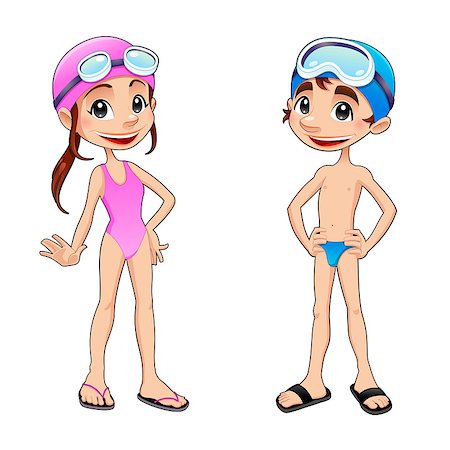 smile as mask for boy - Boy and girl ready to swim. Funny cartoon and vector isolated sport characters Stock Photo - Budget Royalty-Free & Subscription, Code: 400-07036981