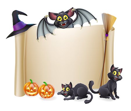 A Halloween scroll sign with a bat character above the banner and pumpkins, witch's cats, hat and broomstick Stock Photo - Budget Royalty-Free & Subscription, Code: 400-07037507