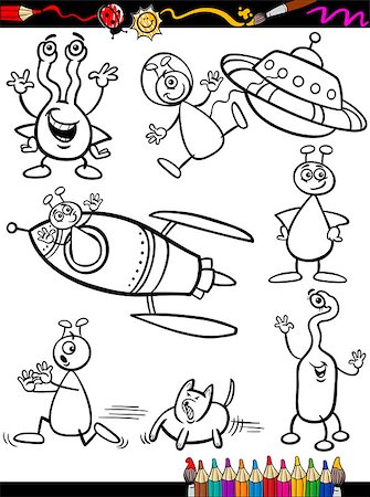simsearch:400-09137399,k - Coloring Book or Page Cartoon Illustration Set of Black and White Fantasy Aliens or Martians Ufo Comic Mascot Characters for Children Stockbilder - Microstock & Abonnement, Bildnummer: 400-07037589