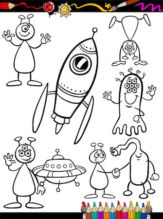 simsearch:400-07034082,k - Coloring Book or Page Cartoon Illustration Set of Black and White Fantasy Aliens or Martians Ufo Comic Mascot Characters for Children Fotografie stock - Microstock e Abbonamento, Codice: 400-07037590