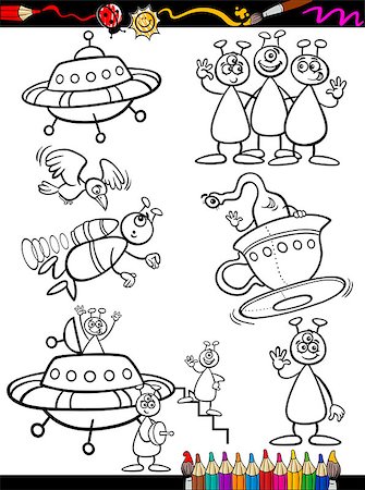 simsearch:400-09137399,k - Coloring Book or Page Cartoon Illustration Set of Black and White Fantasy Aliens or Martians Ufo Comic Mascot Characters for Children Stockbilder - Microstock & Abonnement, Bildnummer: 400-07037591