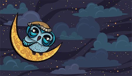 simsearch:400-04409562,k - Cartoon sleepy owl sitting on a yellow month on a night cloudy sky background Fotografie stock - Microstock e Abbonamento, Codice: 400-07038989