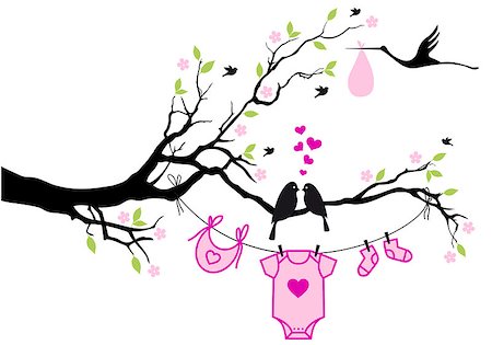 cute baby shower design with birds on tree, vector background Stock Photo - Budget Royalty-Free & Subscription, Code: 400-07039260