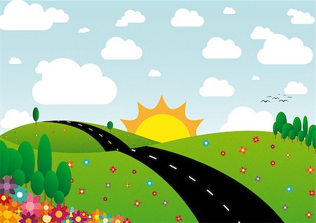 ravennka (artist) - Illustration of sunny day landscape with flowers, trees and clouds Fotografie stock - Microstock e Abbonamento, Codice: 400-07039405