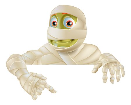 An illustration of a cartoon Halloween Mummy pointing down at a sign or scroll Stock Photo - Budget Royalty-Free & Subscription, Code: 400-07039474