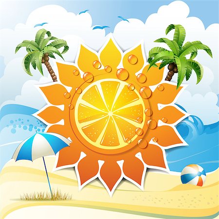 simsearch:400-07039613,k - Solar shape design with orange fruit and palm trees in summer beach Stock Photo - Budget Royalty-Free & Subscription, Code: 400-07039548