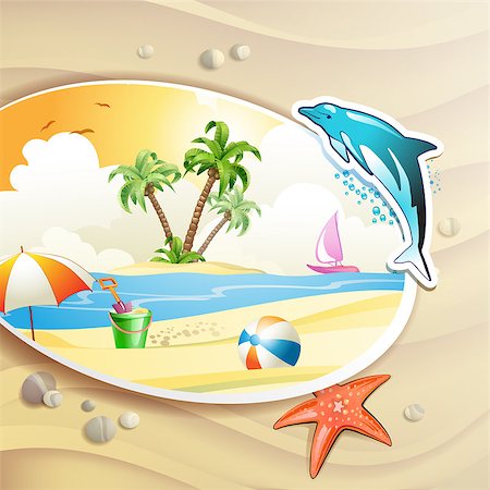 simsearch:400-07039613,k - Summer beach with palm trees and dolphin Stock Photo - Budget Royalty-Free & Subscription, Code: 400-07039572