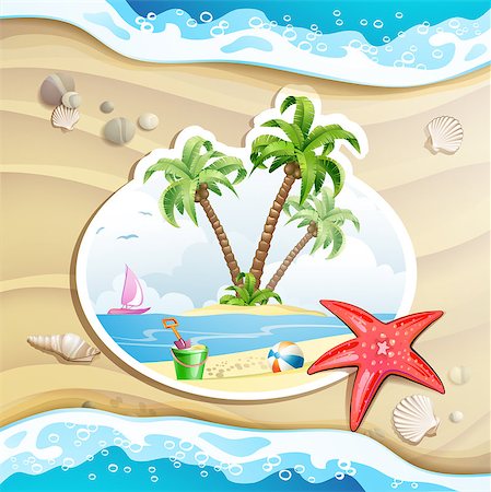 simsearch:400-07039613,k - Summer beach with palm trees, starfish and sea waves Stock Photo - Budget Royalty-Free & Subscription, Code: 400-07039603