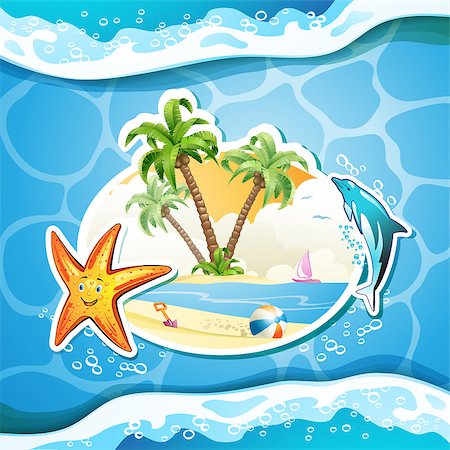 simsearch:400-07039613,k - Summer beach with palm trees, starfish and sea waves Stock Photo - Budget Royalty-Free & Subscription, Code: 400-07039610