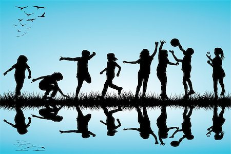 Group of children silhouettes playing outdoor Stock Photo - Budget Royalty-Free & Subscription, Code: 400-07032395