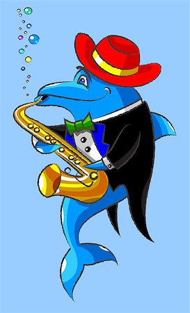 The lovely dolphin in a hat and a dress coat plays a saxophone Photographie de stock - Aubaine LD & Abonnement, Code: 400-07032559