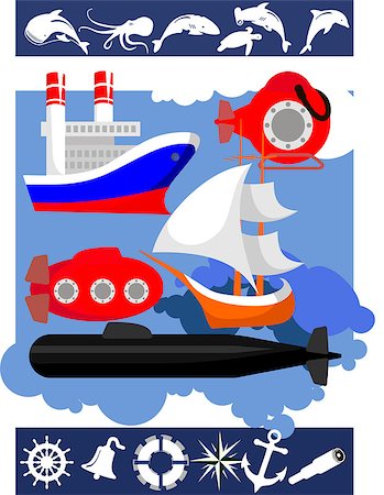 simsearch:400-04730836,k - set of naval supplies, marine background, ships silhouettes of sea animals Stock Photo - Budget Royalty-Free & Subscription, Code: 400-07032579