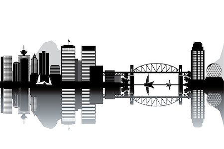 simsearch:400-07680821,k - Vancouver skyline - black and white vector illustration Foto de stock - Royalty-Free Super Valor e Assinatura, Número: 400-07032982