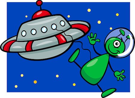 simsearch:400-07034082,k - Cartoon Illustration of Funny Alien or Martian Comic Character with Flying Saucer or Spaceship or Ufo Fotografie stock - Microstock e Abbonamento, Codice: 400-07033105