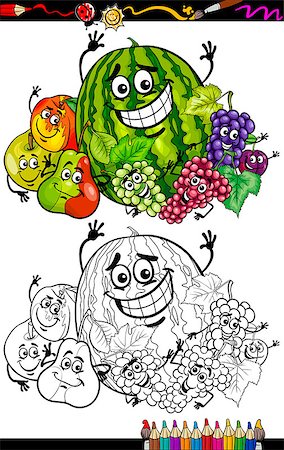 simsearch:400-07049288,k - Coloring Book or Page Cartoon Illustration of Funny Fruits Comic Food Characters Group for Children Education Photographie de stock - Aubaine LD & Abonnement, Code: 400-07033125