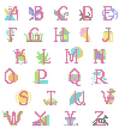 vector  stitch-point embroidered babyboy alphabet with figures- all letters are isolated and easy for editing Stock Photo - Budget Royalty-Free & Subscription, Code: 400-07033174